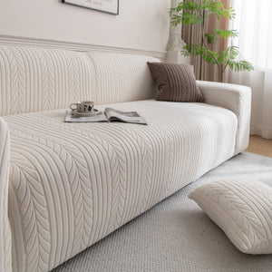 Plush Fleece Sofa Slipcover with 3D Wheat Pattern, Cozy High-Stretch Couch Cover