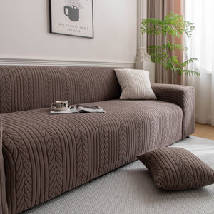 Plush Fleece Sofa Slipcover with 3D Wheat Pattern, Cozy High-Stretch Couch Cover