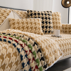 Winter Thickened Sherpa Fleece Houndstooth Sofa Cushion, Non-slip Sofa Cover with Plush