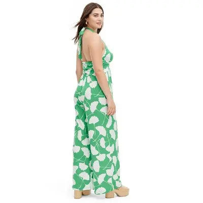Diane von Furstenberg Women's Halter Jumpsuit Deep V-Neck, Ginkgo Green