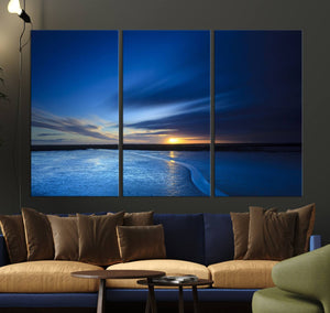 Deep Blue Ocean Sunset Canvas Art, Serene Coastal Sunset