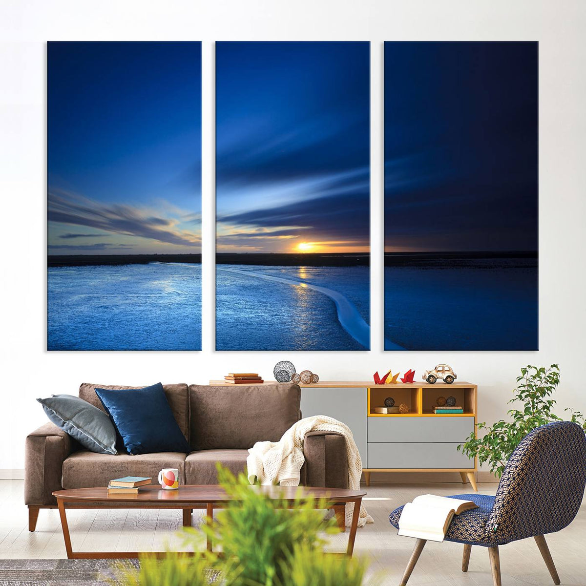 Deep Blue Ocean Sunset Canvas Art, Serene Coastal Sunset