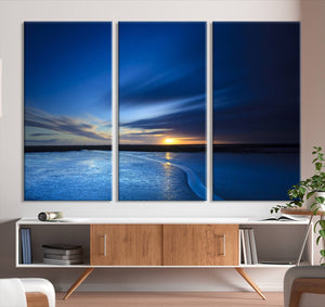 Deep Blue Ocean Sunset Canvas Art, Serene Coastal Sunset