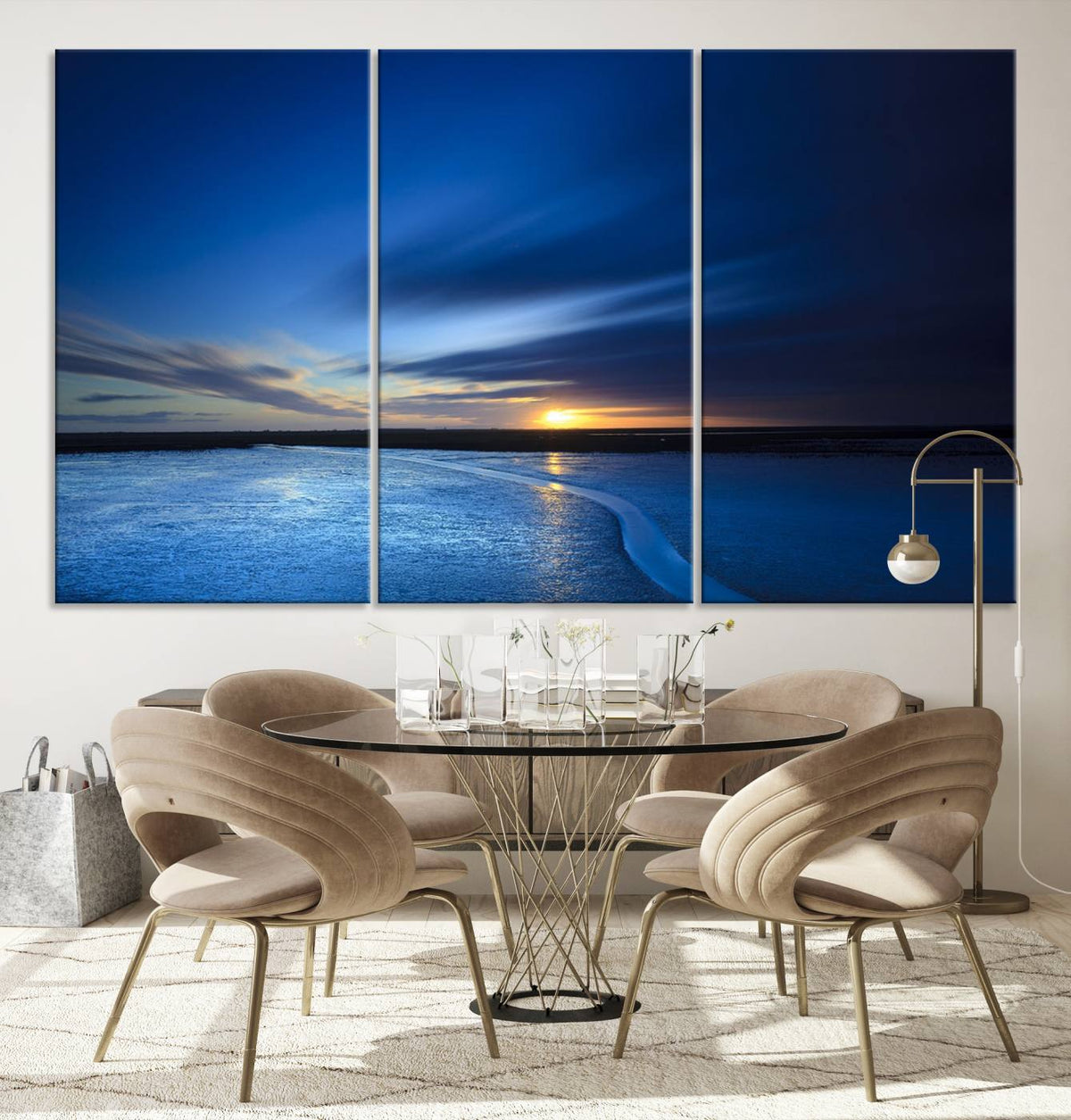 Deep Blue Ocean Sunset Canvas Art, Serene Coastal Sunset