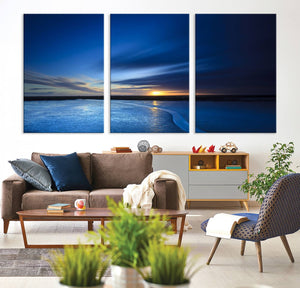 Deep Blue Ocean Sunset Canvas Art, Serene Coastal Sunset