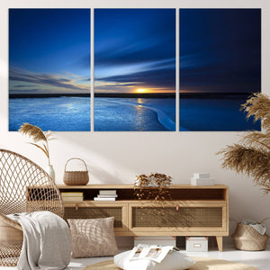 Deep Blue Ocean Sunset Canvas Art, Serene Coastal Sunset