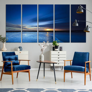 Deep Blue Ocean Sunset Canvas Art, Serene Coastal Sunset