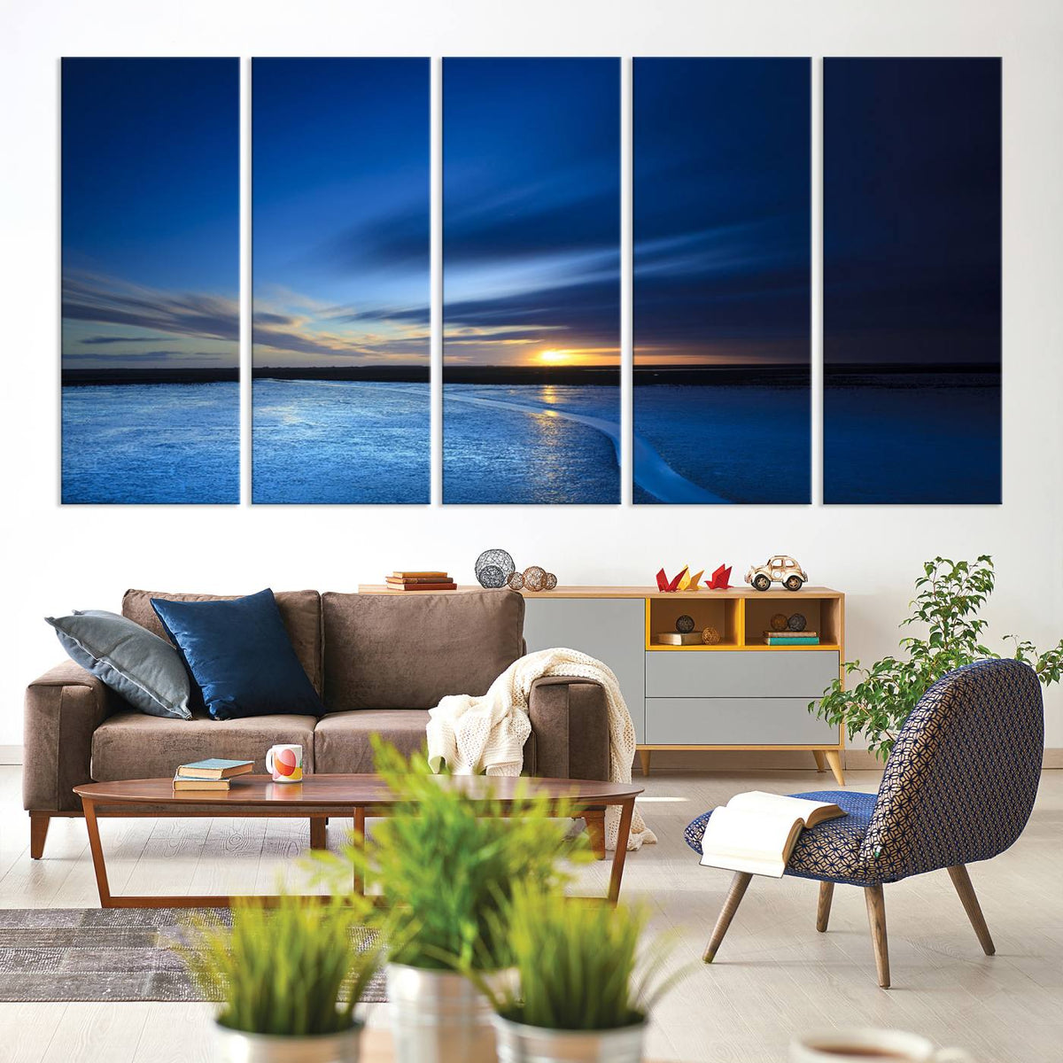 Deep Blue Ocean Sunset Canvas Art, Serene Coastal Sunset