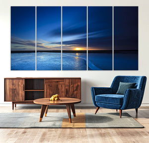 Deep Blue Ocean Sunset Canvas Art, Serene Coastal Sunset