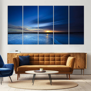Deep Blue Ocean Sunset Canvas Art, Serene Coastal Sunset