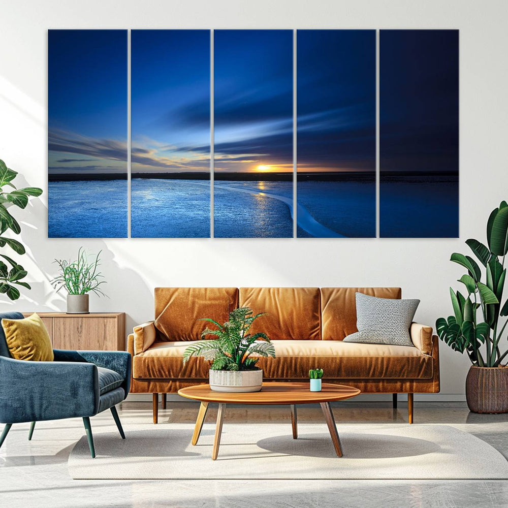Deep Blue Ocean Sunset Canvas Art, Serene Coastal Sunset