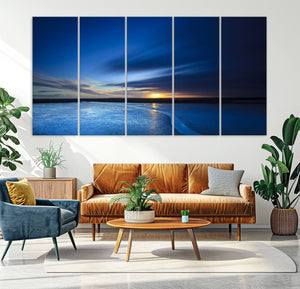 Deep Blue Ocean Sunset Canvas Art, Serene Coastal Sunset