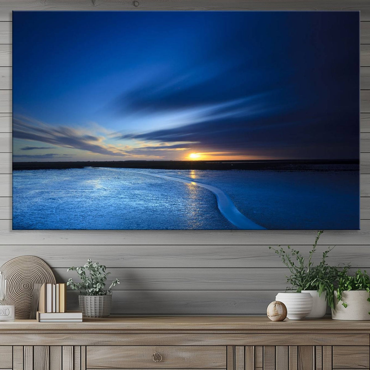 Deep Blue Ocean Sunset Canvas Art, Serene Coastal Sunset