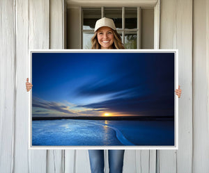 Deep Blue Ocean Sunset Canvas Art, Serene Coastal Sunset