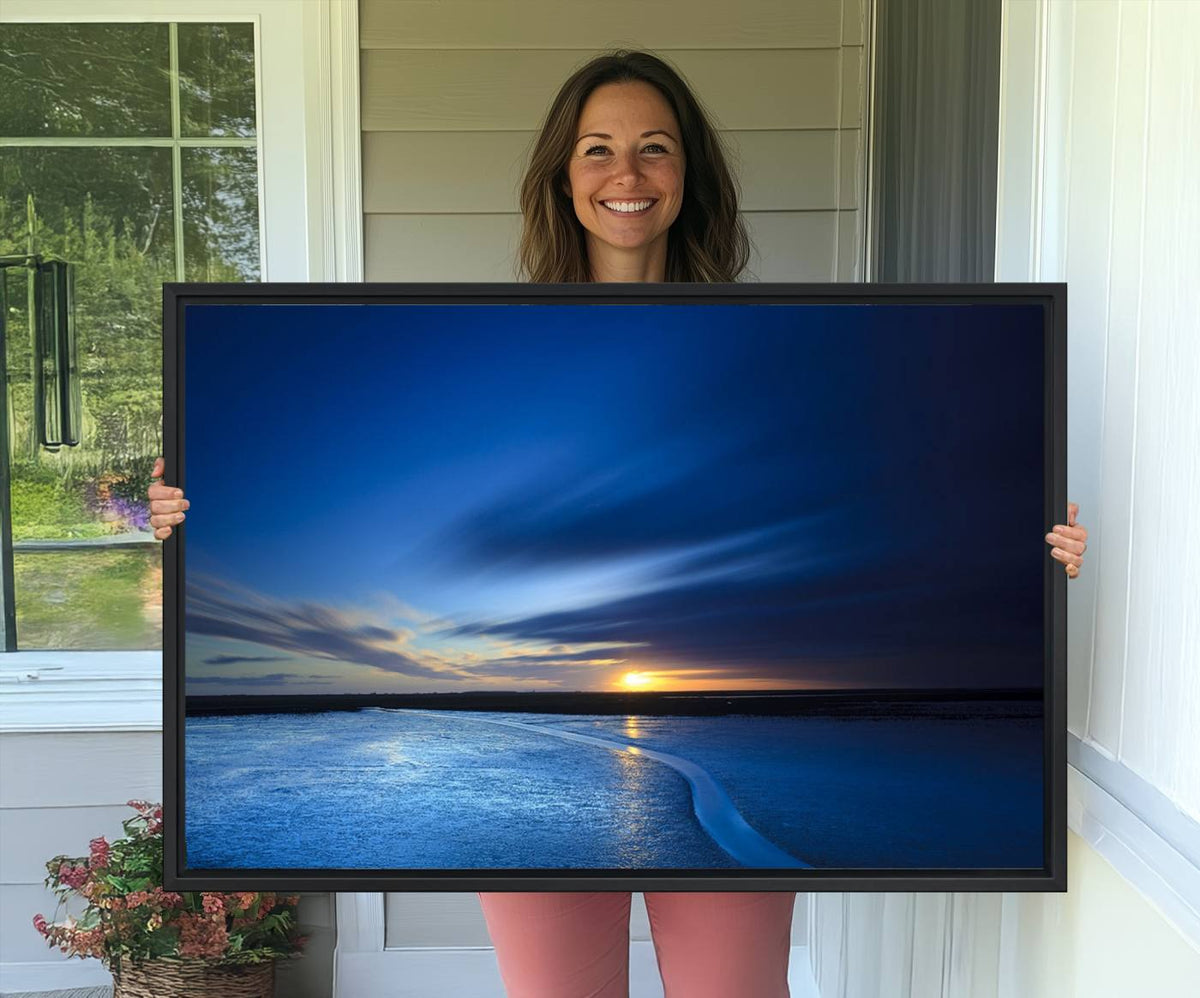 Deep Blue Ocean Sunset Canvas Art, Serene Coastal Sunset