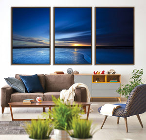 Deep Blue Ocean Sunset Canvas Art, Serene Coastal Sunset