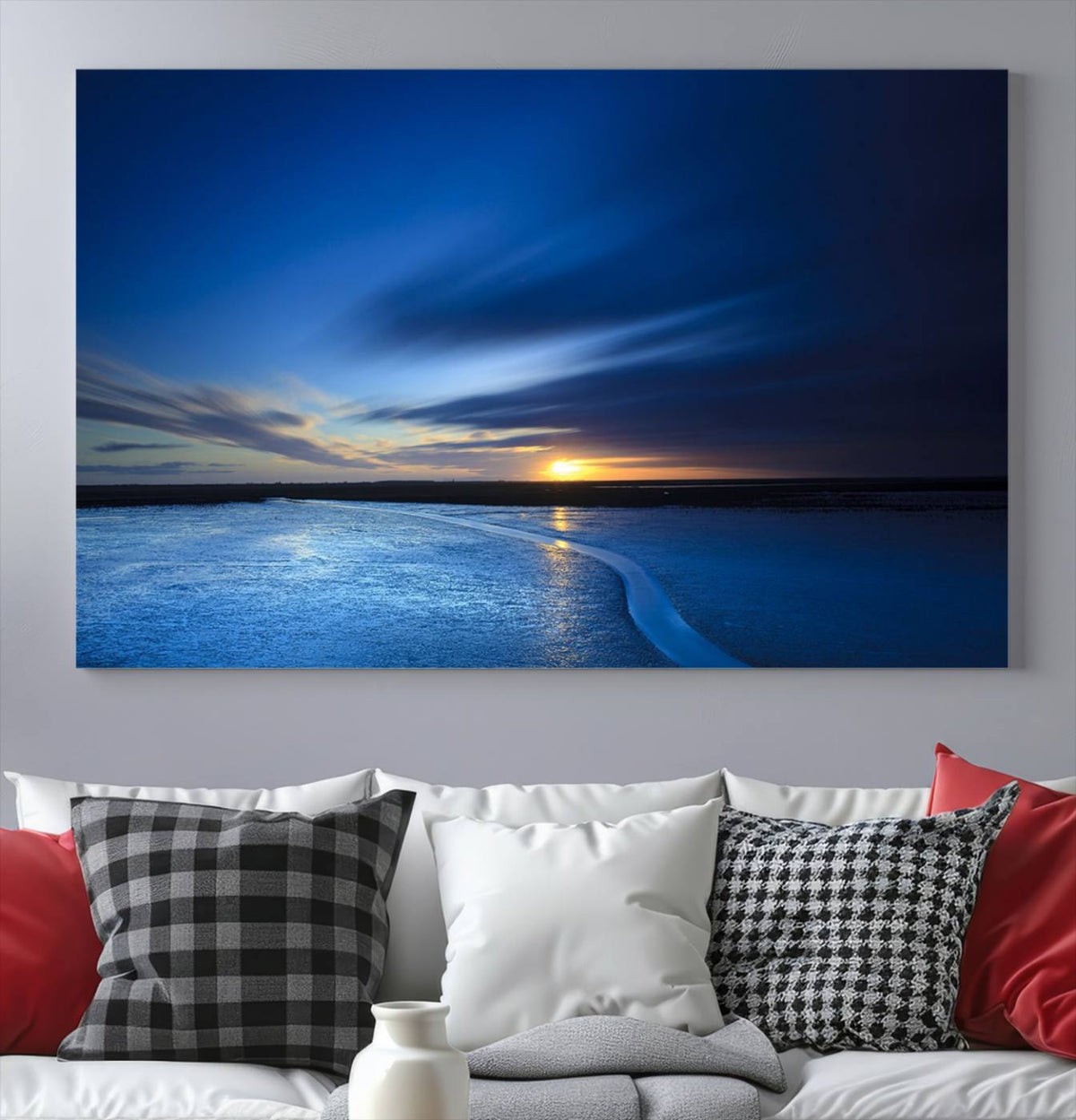 Deep Blue Ocean Sunset Canvas Art, Serene Coastal Sunset