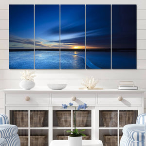 Deep Blue Ocean Sunset Canvas Art, Serene Coastal Sunset