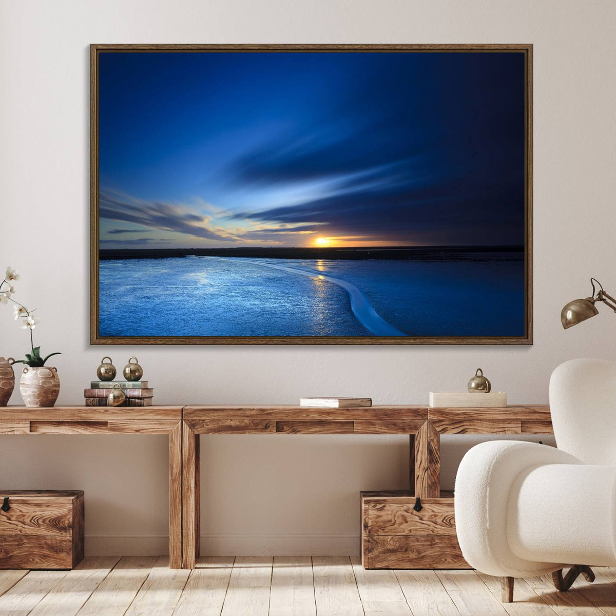Deep Blue Ocean Sunset Canvas Art, Serene Coastal Sunset