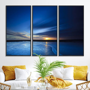 Deep Blue Ocean Sunset Canvas Art, Serene Coastal Sunset