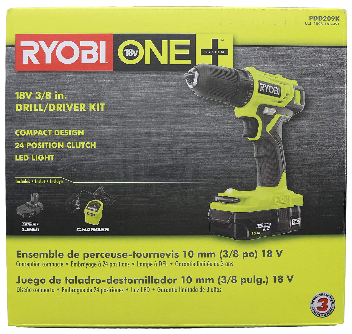 Open Box -  RYOBI 18-Volt ONE+ Cordless 3/8 in. Drill/Driver Kit with 1.5 Ah Battery and Charger