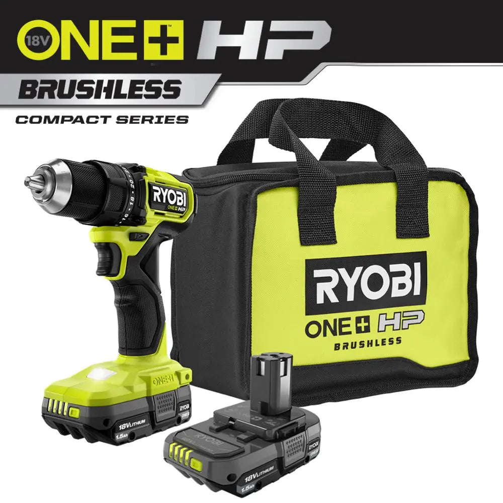 Open Box -  RYOBI ONE+ HP 18V Brushless Cordless Compact 1/2 in. Drill/Driver Kit with (2) 1.5 Ah Batteries, Charger and Bag