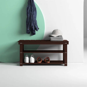 Espresso Brown Wood 2-Shelf Shoe Rack Storage Bench For Entryway or Closet