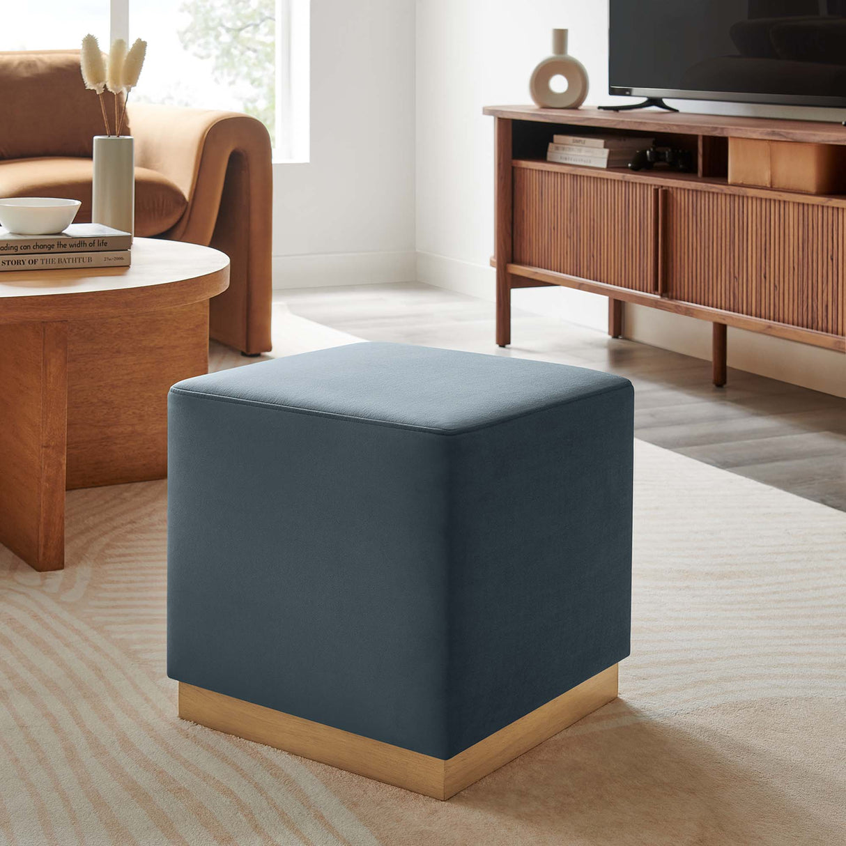 Tilden 17" Square Performance Velvet Upholstered Ottoman