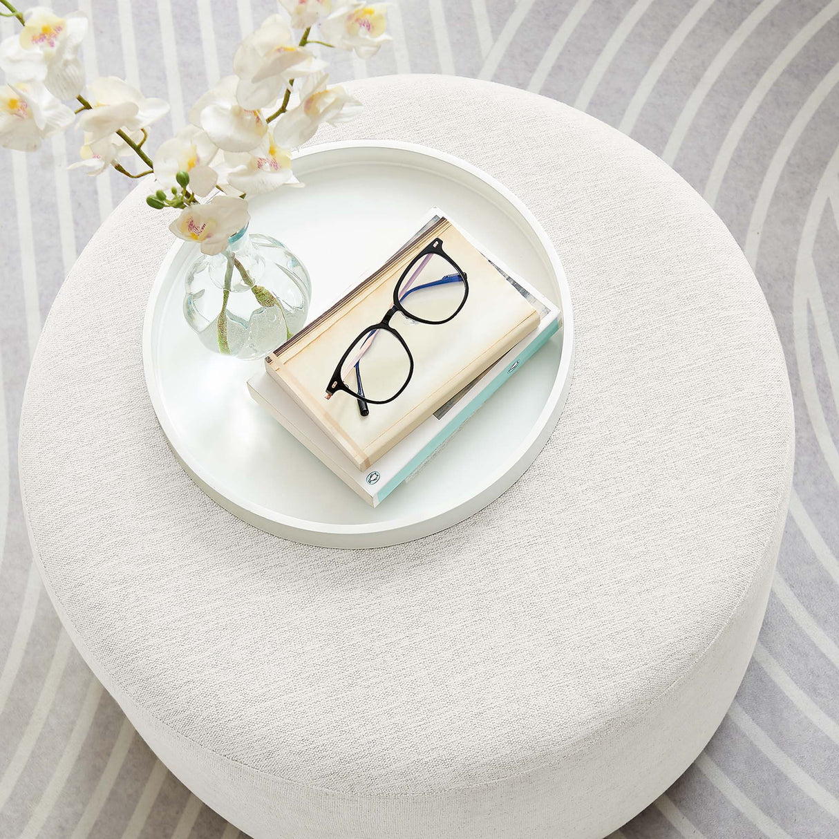 Callum Large 23" Round Woven Fabric Upholstered Ottoman