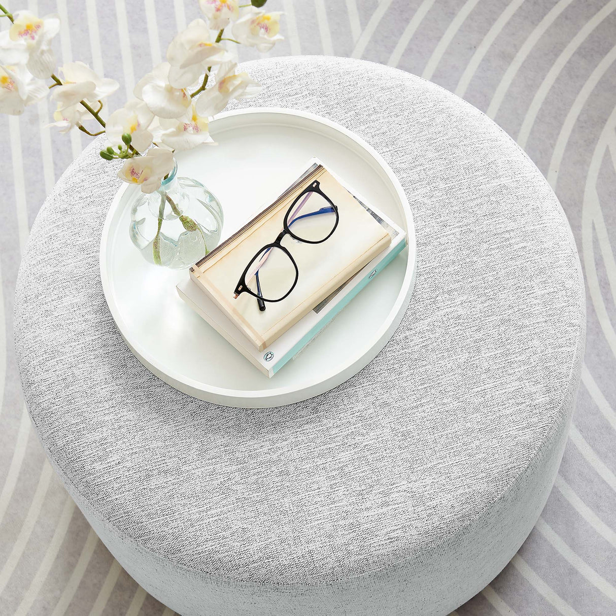 Callum Large 23" Round Woven Fabric Upholstered Ottoman