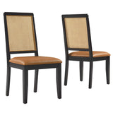 Arlo Vegan Leather Upholstered Faux Rattan and Wood Dining Side Chairs Set of 2 by Modway
