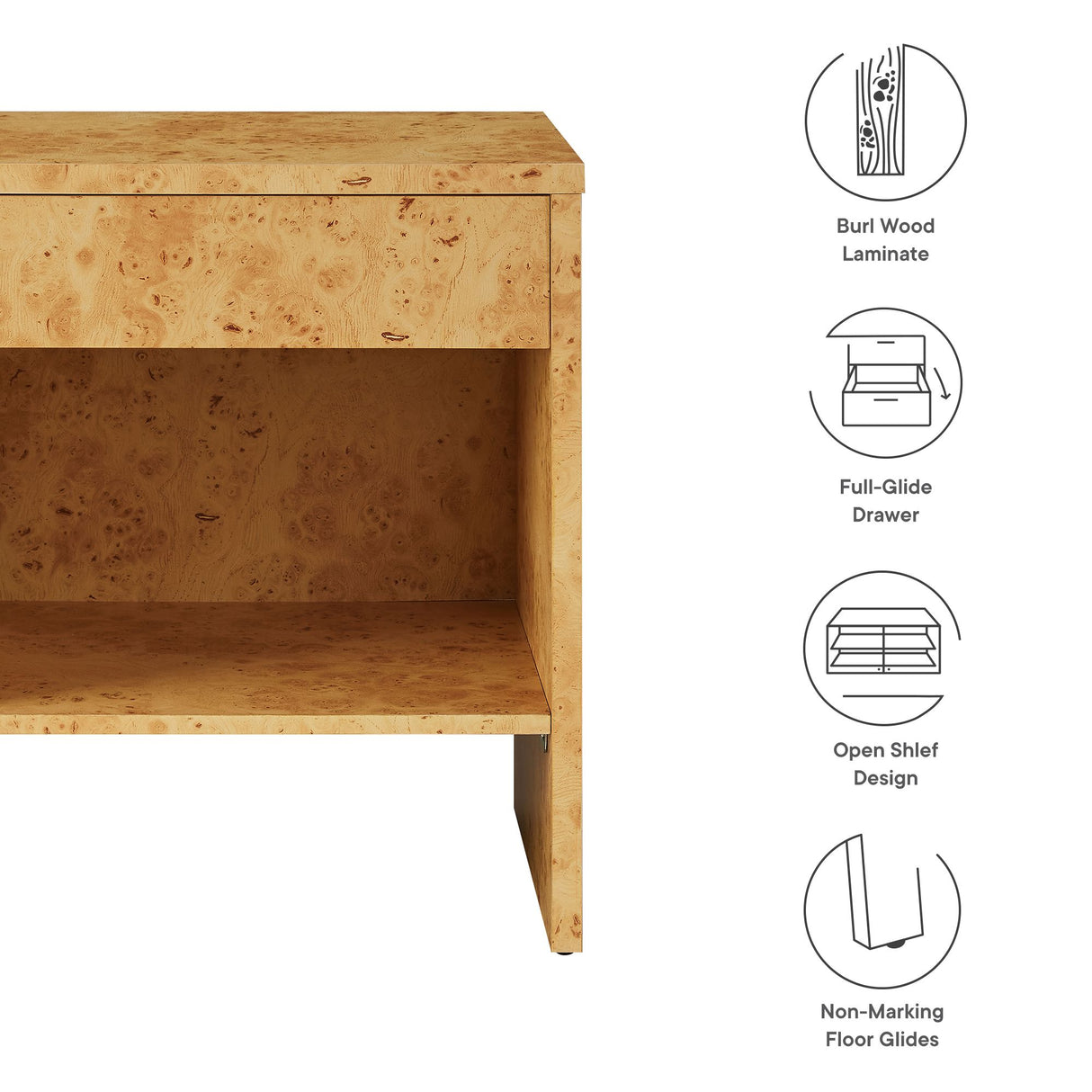 Hudson 1-Drawer Burl Wood Nightstand with Shelf