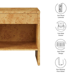 Hudson 1-Drawer Burl Wood Nightstand with Shelf