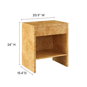 Hudson 1-Drawer Burl Wood Nightstand with Shelf