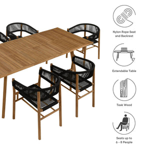Vienna 7-Piece Outdoor Patio Teak and Rope Dining Set with Curved-Back Armchairs by Modway