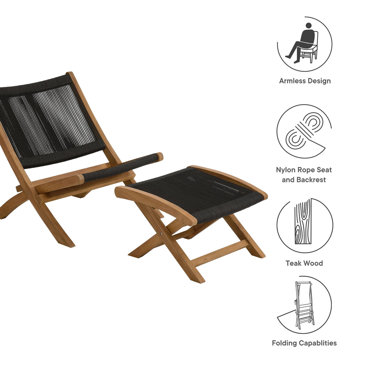 Vienna 2-Piece Outdoor Patio Teak and Rope Folding Lounge Chair and Ottoman Set by Modway