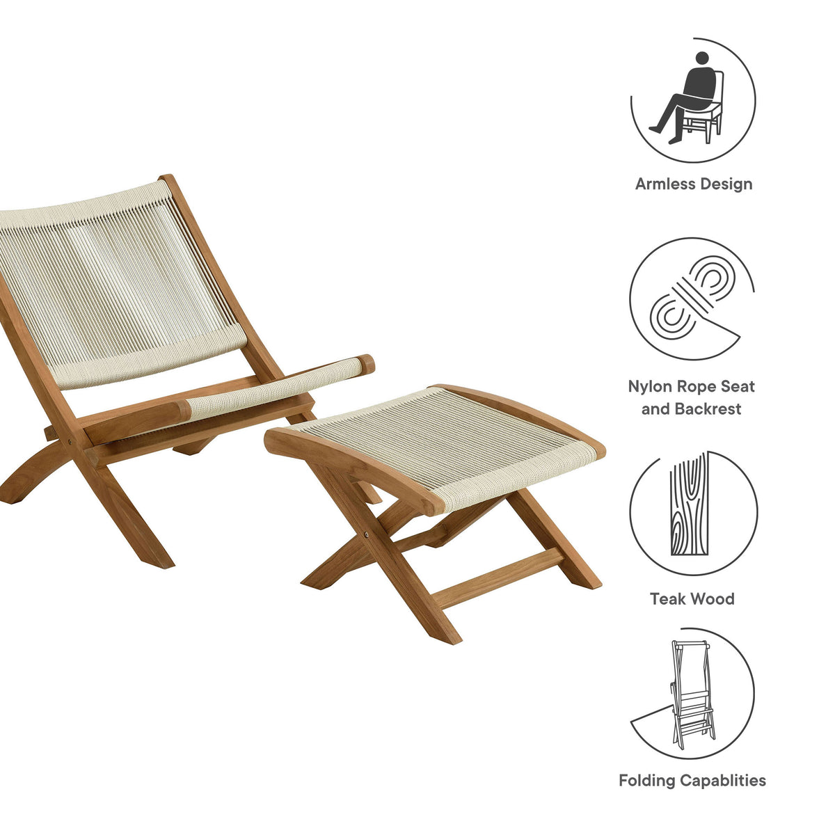 Vienna 2-Piece Outdoor Patio Teak and Rope Folding Lounge Chair and Ottoman Set by Modway