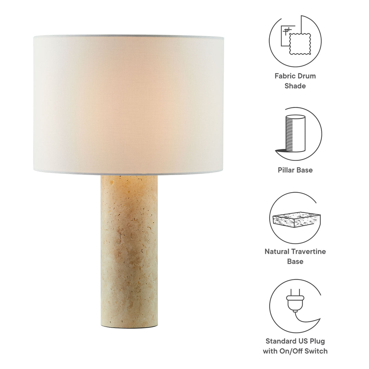 Zenith Travertine Table Lamp with Fabric Drum Shade by Modway