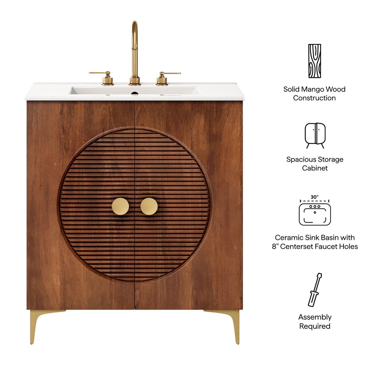 Vernon 30" Fluted Wood Bathroom Vanity Cabinet with Sink
