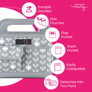 Everything Mary Collapsible Desktop Craft Caddy, Grey & Purple Floral – Polyester Craft & Art Supply Organizer with 12 Storage Compartments