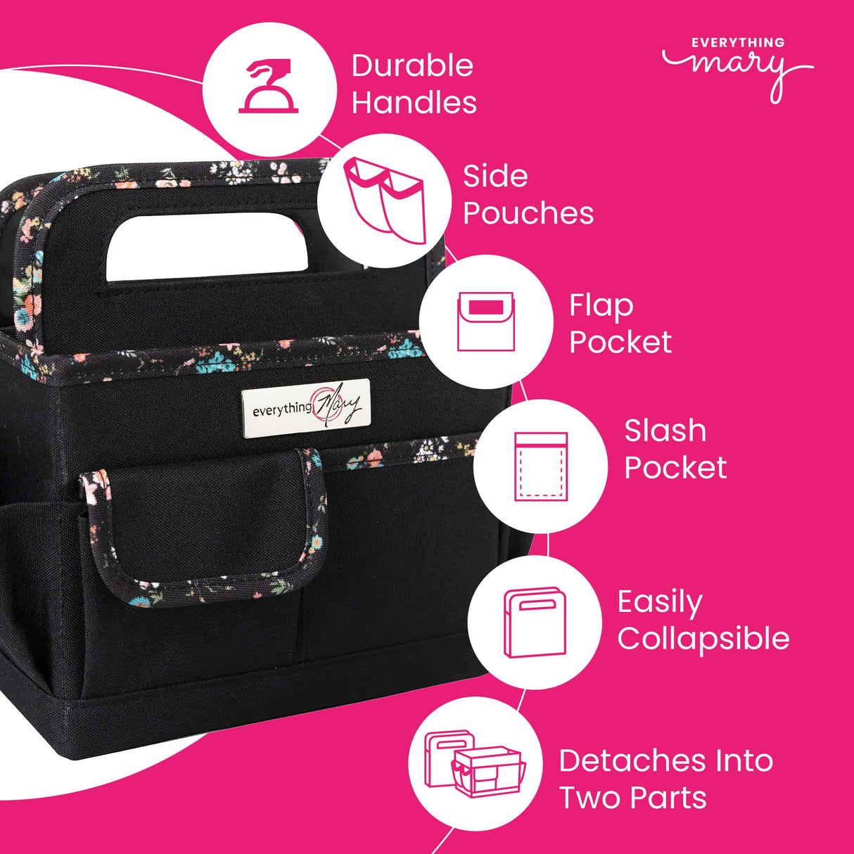 Everything Mary Collapsible Desktop Craft Caddy, Black & Floral Trim – Polyester Craft & Art Supply Organizer with 12 Storage Compartments