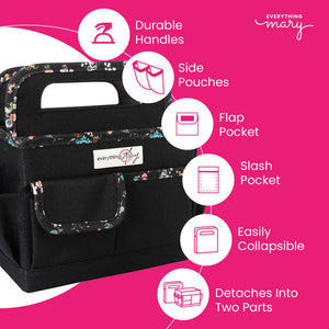Everything Mary Collapsible Desktop Craft Caddy, Black & Floral Trim – Polyester Craft & Art Supply Organizer with 12 Storage Compartments