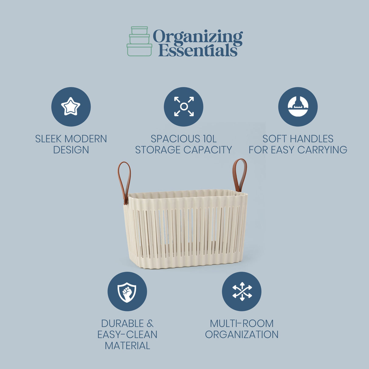 Organizing Essentials Large Plastic Storage Basket with Soft Handles – Tan & Brown Decorative Bin for Bathroom, Laundry, or Living Room – Rectangular Organizer Basket, 10L