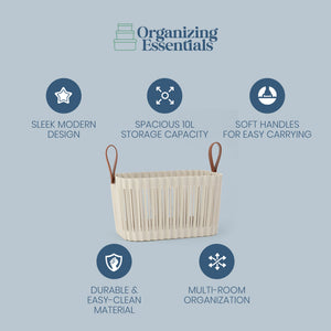 Organizing Essentials Large Plastic Storage Basket with Soft Handles – Tan & Brown Decorative Bin for Bathroom, Laundry, or Living Room – Rectangular Organizer Basket, 10L