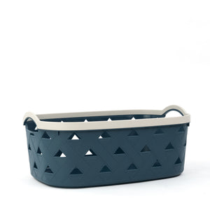 Organizing Essentials Extra-Large Plastic Storage Basket with Handles – Blue & Cream Decorative Bin for Bathroom, Living Room, or Laundry – Designer Leather Pattern Organizer Basket, 16.7L