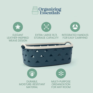 Organizing Essentials Extra-Large Plastic Storage Basket with Handles – Blue & Cream Decorative Bin for Bathroom, Living Room, or Laundry – Designer Leather Pattern Organizer Basket, 16.7L
