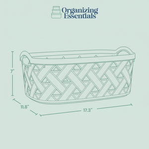 Organizing Essentials Extra-Large Plastic Storage Basket with Handles – Blue & Cream Decorative Bin for Bathroom, Living Room, or Laundry – Designer Leather Pattern Organizer Basket, 16.7L