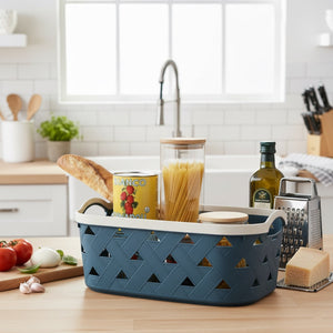 Organizing Essentials Extra-Large Plastic Storage Basket with Handles – Blue & Cream Decorative Bin for Bathroom, Living Room, or Laundry – Designer Leather Pattern Organizer Basket, 16.7L