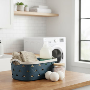 Organizing Essentials Extra-Large Plastic Storage Basket with Handles – Blue & Cream Decorative Bin for Bathroom, Living Room, or Laundry – Designer Leather Pattern Organizer Basket, 16.7L