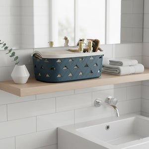 Organizing Essentials Extra-Large Plastic Storage Basket with Handles – Blue & Cream Decorative Bin for Bathroom, Living Room, or Laundry – Designer Leather Pattern Organizer Basket, 16.7L
